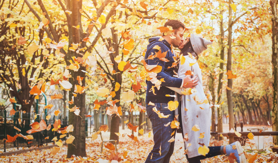 Autumn,Love,,Couple,Kissing,In,Fall,Park,,Happy,Man,And
